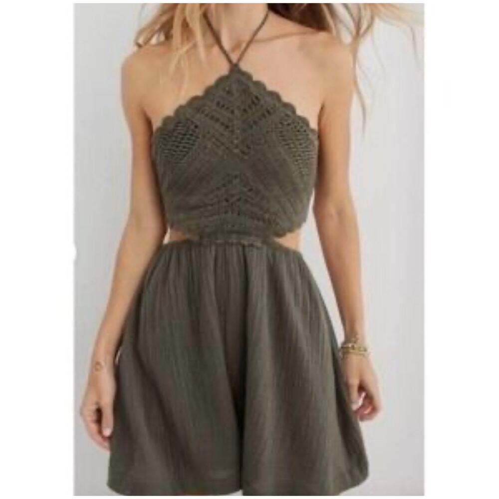 NWT Aerie Olive Green Crochet Halter Dress Size XL